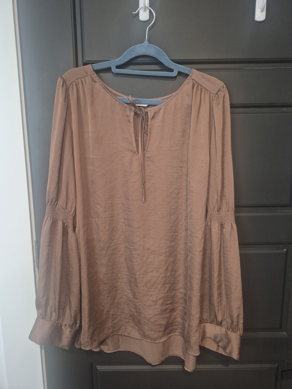 Signature Brown Long-Sleeve Tie-Neck Peasant Blouse